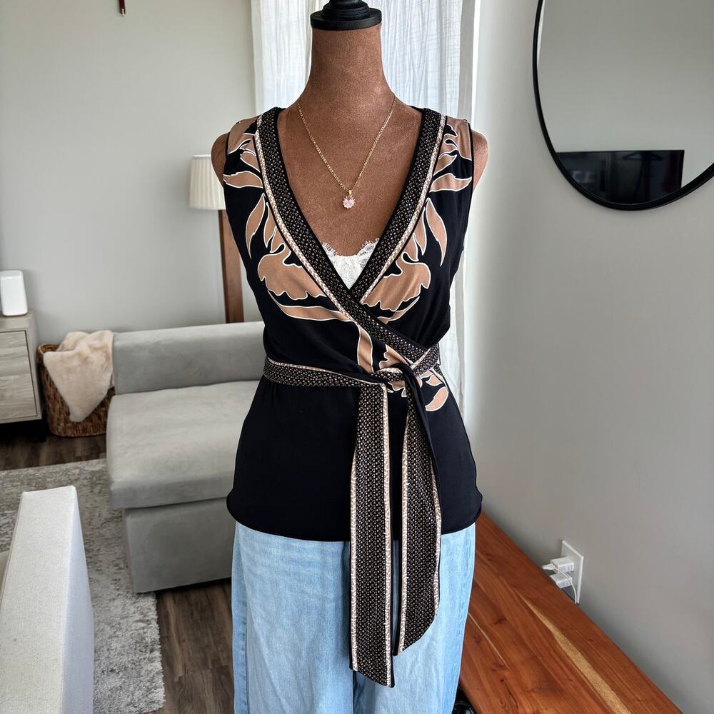 White House Black Market Reversible Mixed Print Wrap Tank Top Black Tan Size S